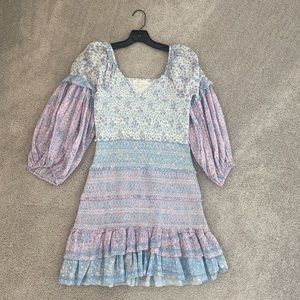 LoveShackFancy blue and purple long sleeve mini dress